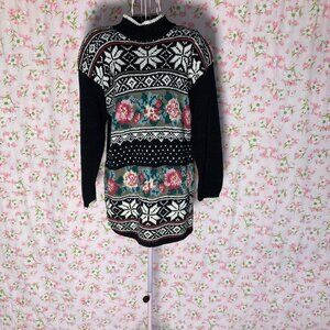 Vintage floral sweater  90s  black rose snowflake pink 1990s |S-M| cottage core